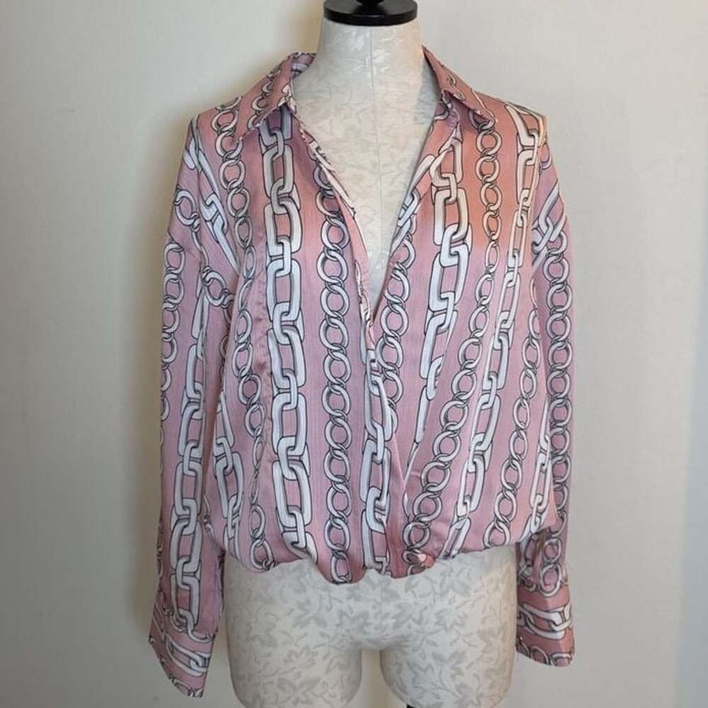 Pink Chain Print Long Sleeve Blouse - Size Small